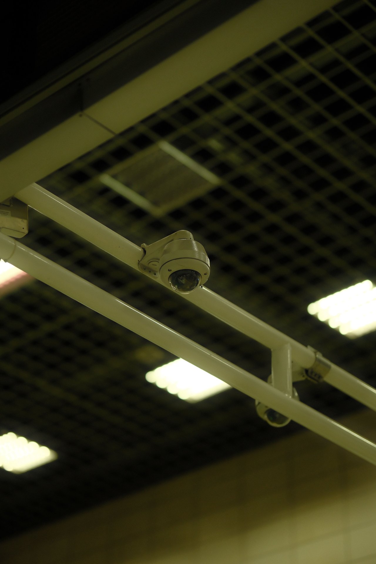 Cámaras domo CCTV de techo montadas en rieles sobre grilla de plafón de centro de convenciones